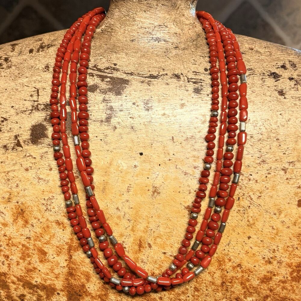 Shube's Dakota West Necklace Sterling Silver & Red Coral Multi Strand Vintage - Picture 2 of 8